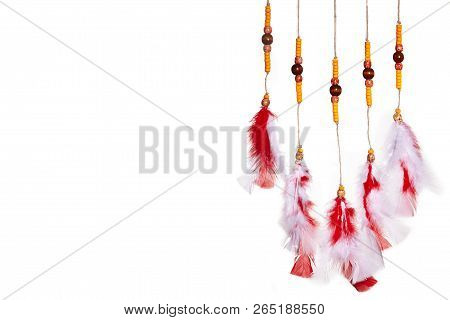 Red Feathers Curtain. Dream Catcher Native American On White. Boho Hippie Style. Ethnic Symbol For G
