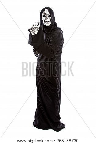 The Grim Reaper Or Death Halloween Costume Isolated On A White Background.  The Skeleton Is Wearing 