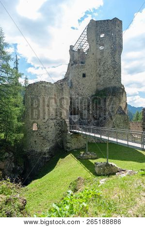 Remains Of The Olld Ruined Castle Andraz In The Italian Dolomite Mountains. Summer Afternoon Of 2018