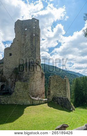 Remains Of The Olld Ruined Castle Andraz In The Italian Dolomite Mountains. Summer Afternoon Of 2018