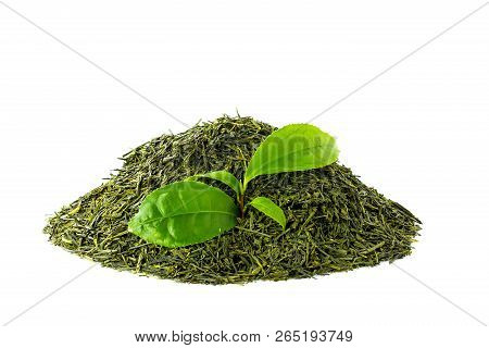 Heap Of Green Tea Sencha With A Branch Of Leaves Isolated On White Background