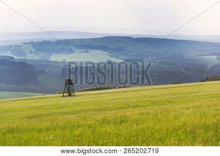 Deer Stand, Wooden Hunters High Seat Hide On Field, Summer Day, Cloudy Dramatic Sky, Bojkovice, Uher