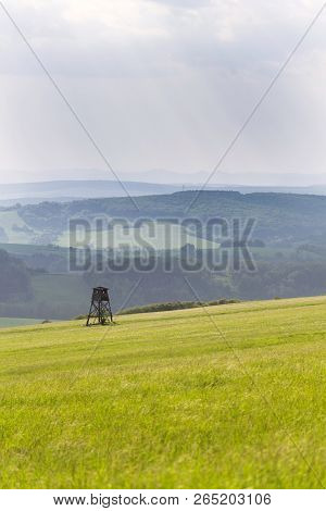 Deer Stand, Wooden Hunters High Seat Hide On Field, Summer Day, Cloudy Dramatic Sky, Bojkovice, Uher