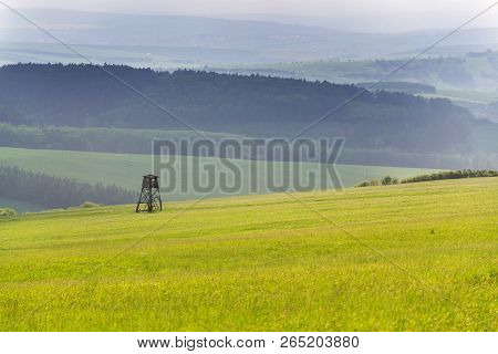 Deer Stand, Wooden Hunters High Seat Hide On Field, Summer Day, Cloudy Dramatic Sky, Bojkovice, Uher