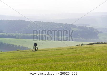 Deer Stand, Wooden Hunters High Seat Hide On Field, Summer Day, Cloudy Dramatic Sky, Bojkovice, Uher