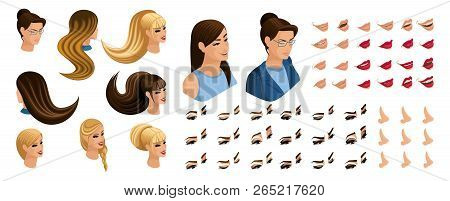 Isometric Create Emotions For Your Character, Young Girl. Set Beautiful Hairstyles And Emotions, Sad