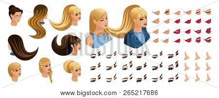 Isometric Create Emotions For Your Character, Young Girl. Set Beautiful Hairstyles And Emotions, Sad