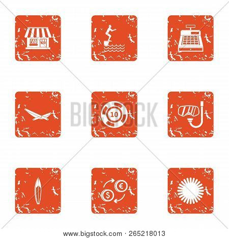 Coastal Village Icons Set. Grunge Set Of 9 Coastal Village Vector Icons For Web Isolated On White Ba