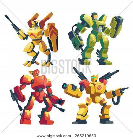 Vector Cartoon Set With Armed Transformers, Human Soldiers In Robotic Combat Exoskeletons With Guns 