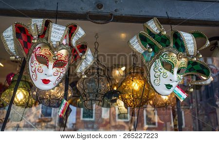 Venice (venezia) Italy, October 18, 2017 - Venice Carnival Masks Close Up, Venice Masks For Sale On 