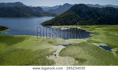 Aerial View Of The Beautiful Landscape Of Lake Skadar In The Mountain On A Sunny Day. Montenegro. Th