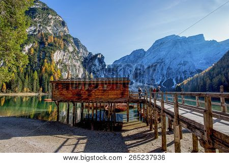 Braies, Italy, October 19, 2017 - View Of Braies Lake In A Colorful Autumn Landscape In Italian Dolo
