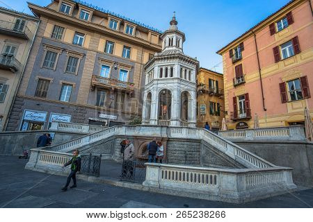 Acqui Terme, Italy, November 1, 2017 - Octagonal Marble Monument,  Which Surrounds A Thermal Spring 