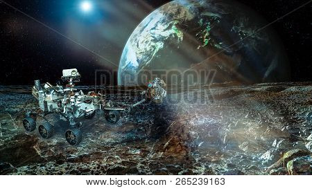 Rover On The Mars. Collage. Earht Planet On The Backstage. Elements Of This Image Furnisfurnished By
