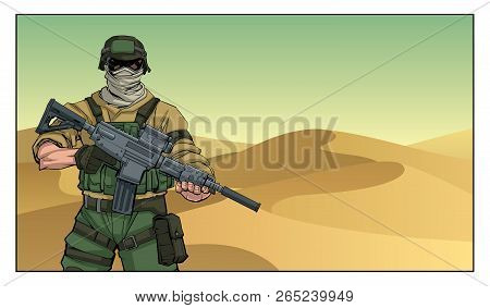 Illustration Of Masked Soldier On A Mission In The Desert.
