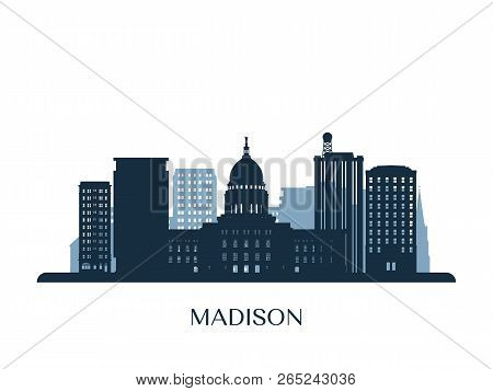 Madison Skyline, Monochrome Silhouette. Design Vector Illustration.