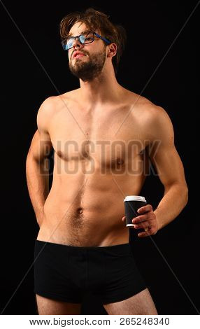 Bring Her Morning Pleasure. Macho Attractive Nude Guy Hold Hot Coffee. Man Smart And Sexy With Beard