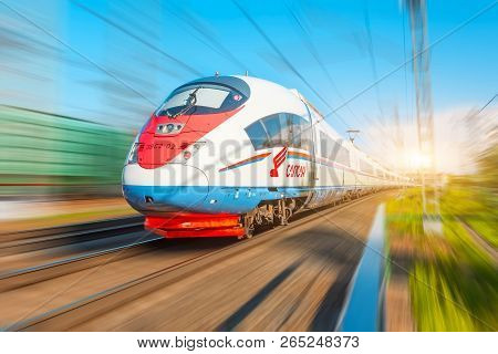 High-speed Train Sapsan Rides On The Route Moscow-st. Petersburg. 12 July 2018.