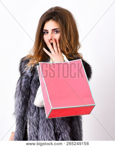Girl Makeup Face Long Hairstyle Wear Fur Vest White Background. Shopping Concept. Woman Shopping Lux