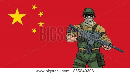 Illustration Of Chinese Soldier With The Flag Of China In The Background.