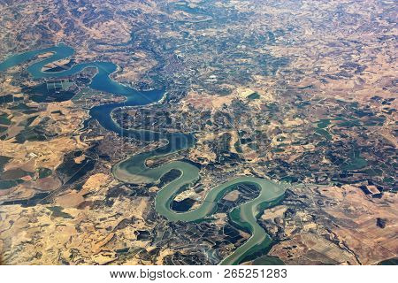Aerial View Of River Ebro In Aragon Region In Spain. Province Of Zaragoza.