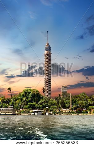 Tall Tv Tower In Cairo Near Nile