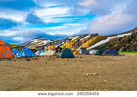 View Of Tents And Camping At Landmannalaugar Camping Site In Highlands Of Iceland In Summer