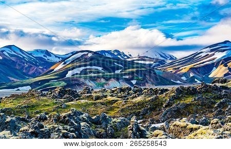 Impressive Landscape Of Beautiful Mountain And Rocky Field At Lanmannalaugar In Highlands Of Iceland