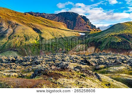 Landscape Of Mountain And Rocky Field In Summer At Landmannalaugar In Highlands Of Iceland