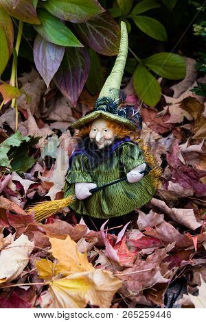 The Little Witch Zelda With A Broom In Her Garden Among The Fallen Leaves Of The Maple, Collage.