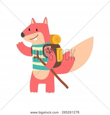 Fox Travelling With Backpack And Staff, Cute Cartoon Animal Having Hiking Adventure Travel Or Campin