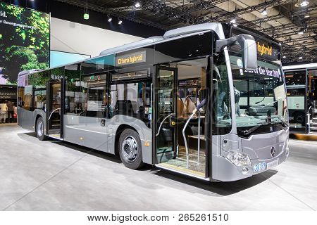 Hannover, Germany - Sep 27, 2018: New Mercedes-benz Citaro Hybrid Bus Showcased At The Hannover Iaa 