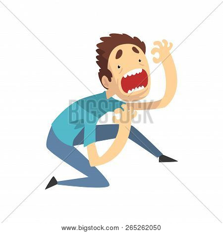 Scared And Panicked Young Man Screaming Desperately, Emotional Guy Afraid Of Something Vector Illust