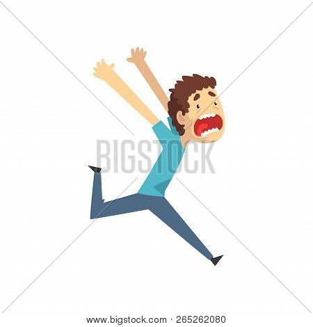 Panicked Young Man Running And Screaming Desperately, Emotional Guy Afraid Of Something Vector Illus