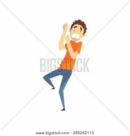 Scared And Panicked Young Man, Emotional Guy Afraid Of Something Vector Illustration On A White Back