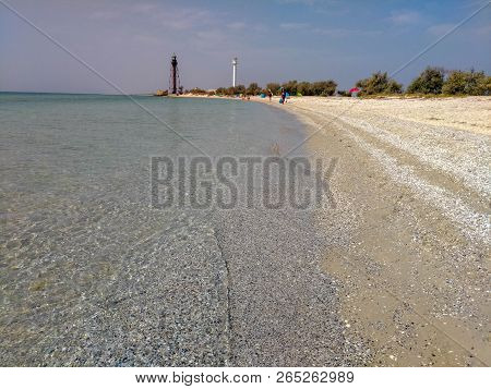 Road To Lighthouse Near Sea, Dzharylgach Island, Clear Water