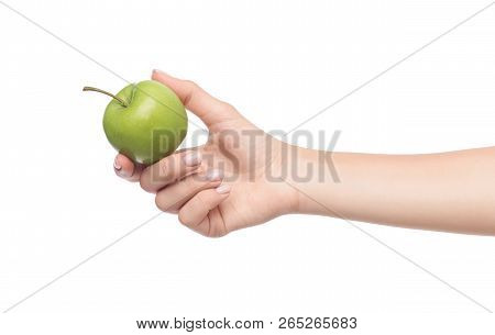 Woman Holding Out Hand Offering An Apple Isolated On White