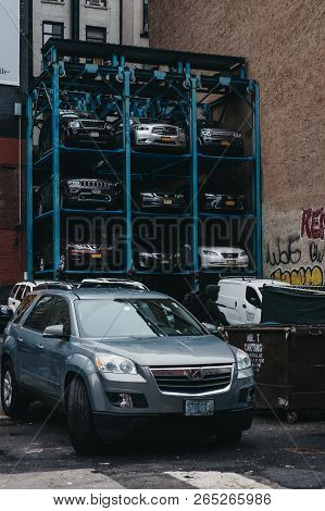 New York, Usa - May 28, 2018: Automated Multi Level Car Park In Manhattan, New York. These Types Of 