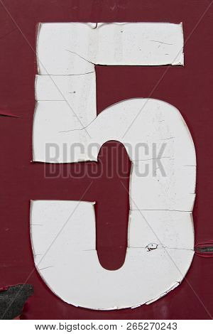 Number Five Painted On Grungy Surface, Number 5,five, Old Sticker Number On Board