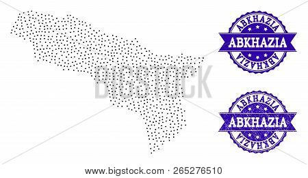 Dotted Black Map Of Abkhazia And Blue Rubber Stamp. Vector Map Of Abkhazia Designed With Irregular S