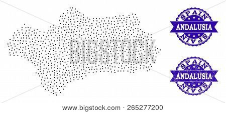 Dotted Black Map Of Andalusia Province And Blue Rubber Seal Stamp. Vector Map Of Andalusia Province 