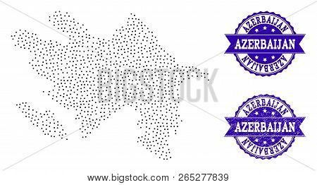 Dotted Black Map Of Azerbaijan And Blue Rubber Seal. Vector Map Of Azerbaijan Designed With Irregula