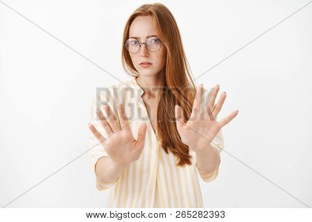 No I Refuse. Unimpressed And Dissatisfied Bossy Female Journalist In Trendy Glasses With Freckles Pu
