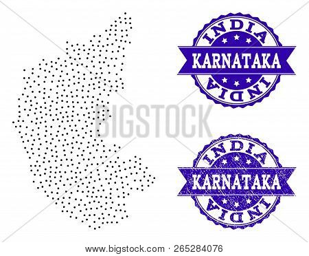 Dotted Black Map Of Karnataka State And Blue Corroded Seal. Vector Map Of Karnataka State Designed W