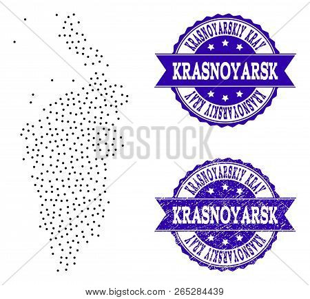 Dotted Black Map Of Krasnoyarskiy Kray And Blue Rubber Seal. Vector Map Of Krasnoyarskiy Kray Design
