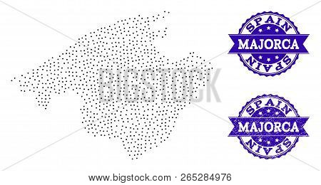 Dotted Black Map Of Majorca And Blue Unclean Seal. Vector Map Of Majorca Designed With Irregular Sma