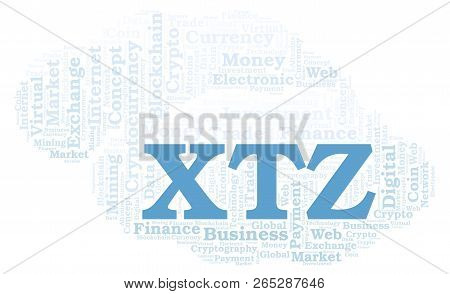 Xtz Or Tezos Cryptocurrency Coin Word Cloud. Word Cloud Made With Text Only.
