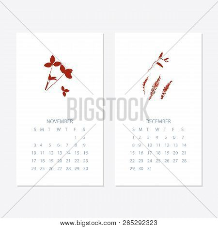Vector Of 2019 New Year Calendar With Plants On Cyanotype Texture. Holiday Event Planner. Week Start