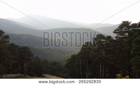 Mountain Landscape At Sunset In The Sierra De Navacerrada. Madrid, Segovia, Spain