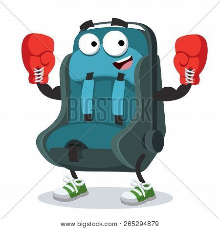 Cartoon Baby Car Seat Mascot In Red Boxing Gloves On White Background